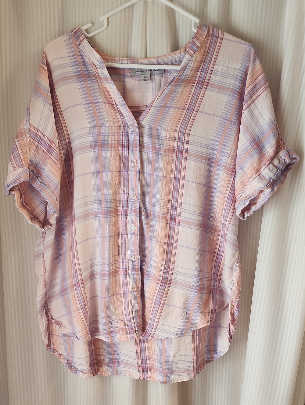Gloria Vanderbilt Pastel Plaid Button-Down Shirt in Pink, Lavender & Peach